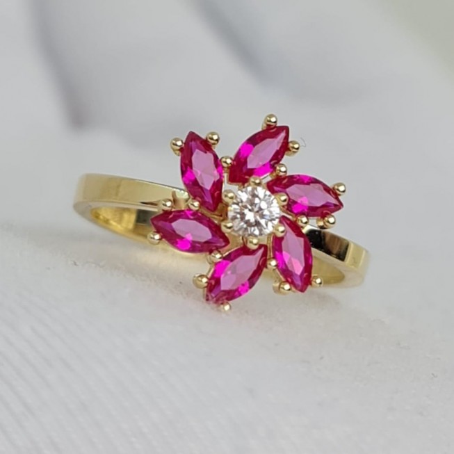 14 Ayar Altın Zirkon Taşlı Dönebilen Rüzgar Gülü (Pembe) Yüzük